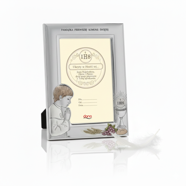 Ramka srebrna AG999 z Hostią IHS i wizerunkiem chłopca 13×18 | SILVER COMMUNION™