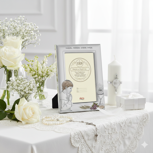 Ramka srebrna AG999 z Hostią IHS i wizerunkiem chłopca 13×18 | SILVER COMMUNION™
