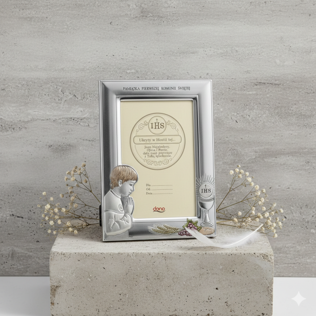Ramka srebrna AG999 z Hostią IHS i wizerunkiem chłopca 13×18 | SILVER COMMUNION™