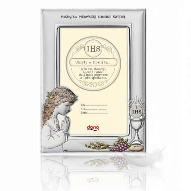 Ramka srebrna AG999 z Hostią IHS i wizerunkiem dziewczynki 13×18 | SILVER COMMUNION™