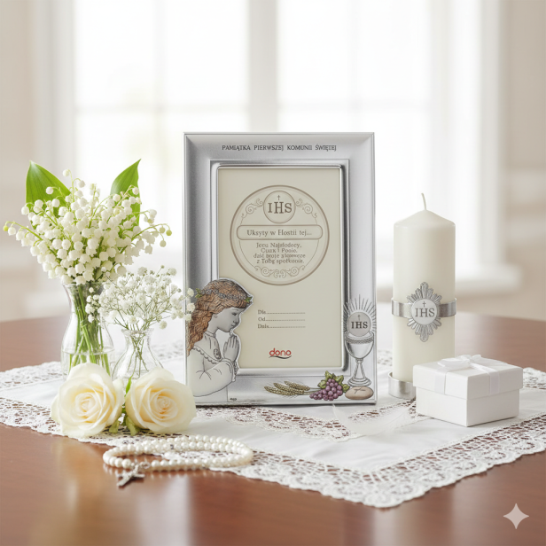Ramka srebrna AG999 z Hostią IHS i wizerunkiem dziewczynki 13×18 | SILVER COMMUNION™