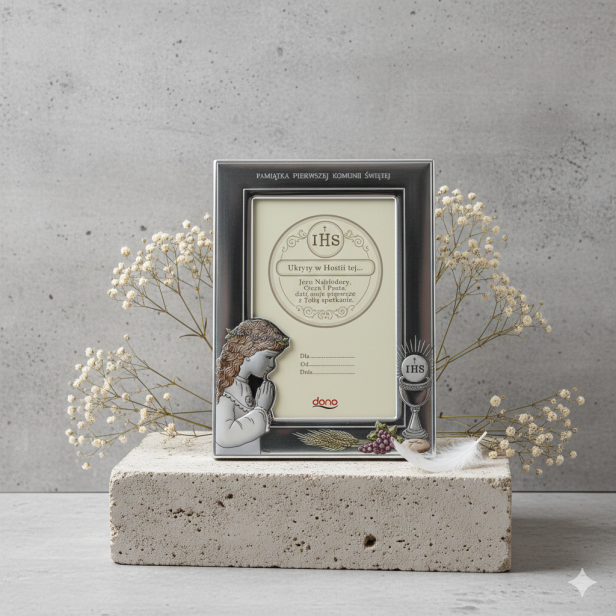 Ramka srebrna AG999 z Hostią IHS i wizerunkiem dziewczynki 13×18 | SILVER COMMUNION™