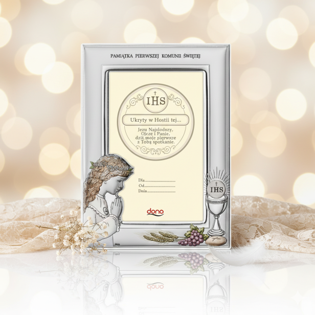 Ramka srebrna AG999 z Hostią IHS i wizerunkiem dziewczynki 13×18 | SILVER COMMUNION™
