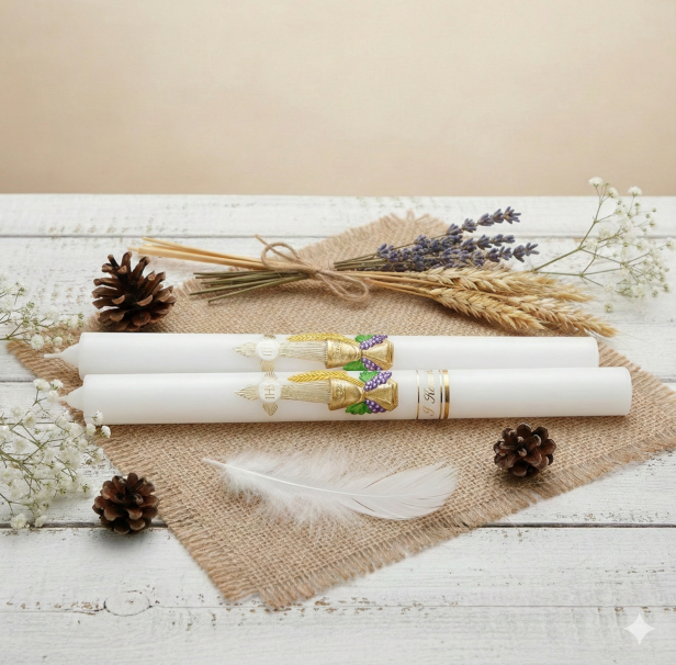 Świeca komunijna z kolorową aplikacją woskową I Komunia – gromnica PREMIUM z pudełkiem
