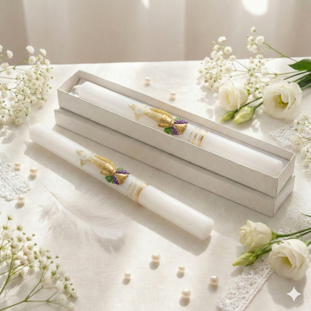 Świeca komunijna z kolorową aplikacją woskową I Komunia – gromnica PREMIUM z pudełkiem