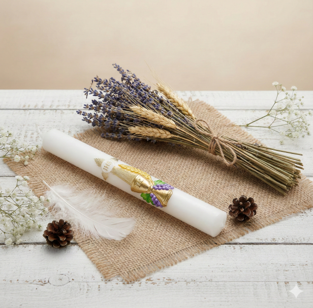 Świeca komunijna z kolorową aplikacją woskową I Komunia – gromnica PREMIUM z pudełkiem