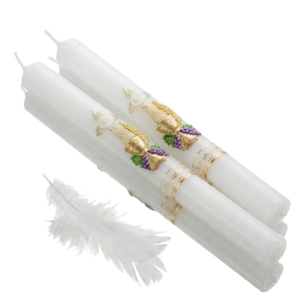 Świeca komunijna z kolorową aplikacją woskową I Komunia – gromnica PREMIUM z pudełkiem