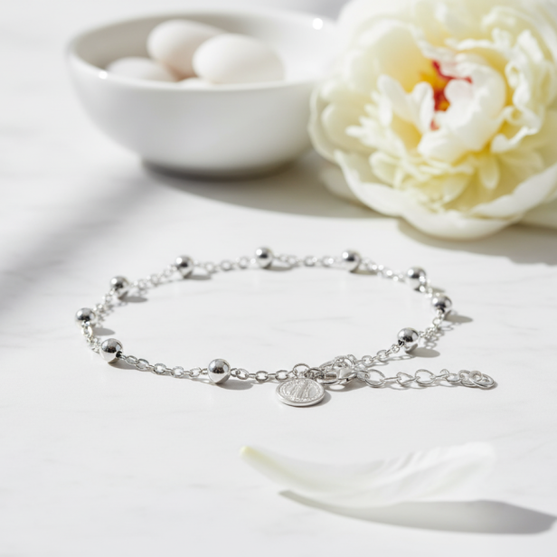 Różaniec srebrny – bransoletka na rękę z Medalikiem św. Benedykta pr. 925, 2,7 g