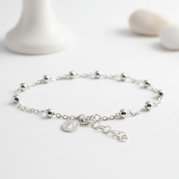 Różaniec srebrny – bransoletka na rękę z Medalikiem św. Benedykta pr. 925, 2,7 g