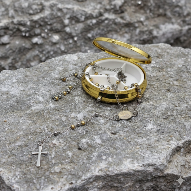 Różaniec z medalikiem św. Benedykta w złotym pudełeczku – pamiątka Chrztu Świętego