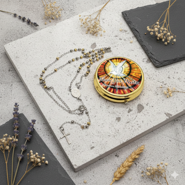 projekt DUCH ŚWIĘTY - Różaniec z medalikiem św. Benedykta w złotym pudełeczku – pamiątka Chrztu Świętego