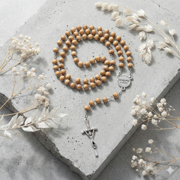 Różaniec drewniany 6 mm z grawerem – Krzyż Papieski, personalizowany