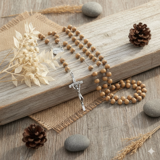 Różaniec drewniany 6 mm z grawerem – Krzyż Papieski, personalizowany