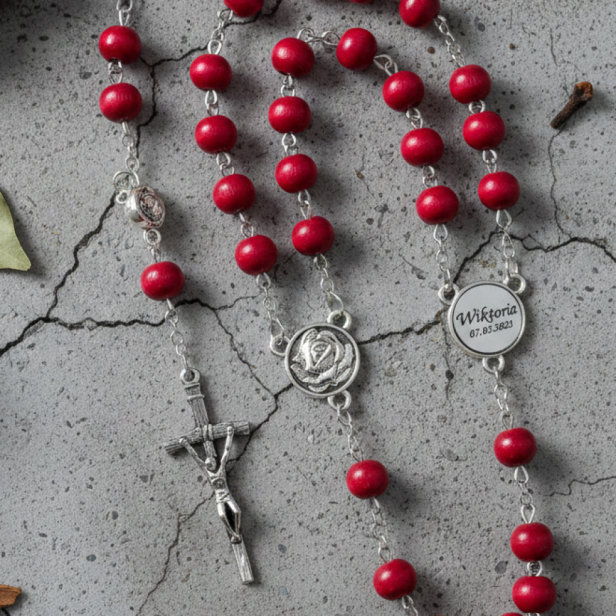 Zbliżenie na awers i rewers łącznika różańca z grawerem