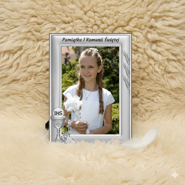 Ramka srebrna AG999 na Komunię – Hostia IHS 10×15 cm | SILVER COMMUNION™