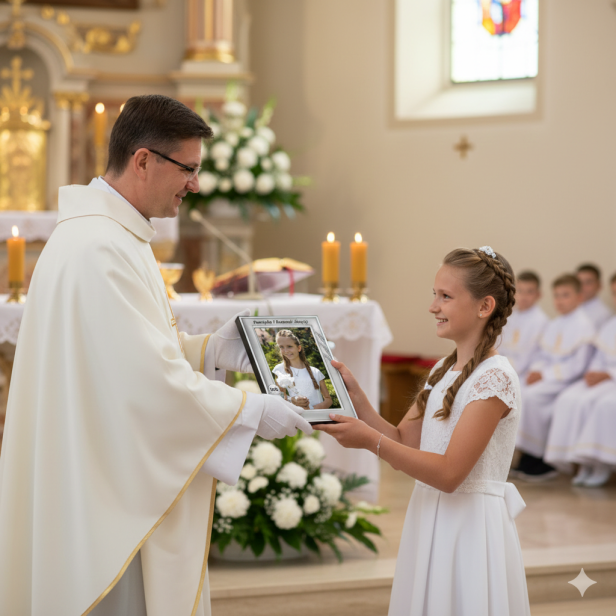 Ramka srebrna AG999 na Komunię – Hostia IHS 10×15 cm | SILVER COMMUNION™