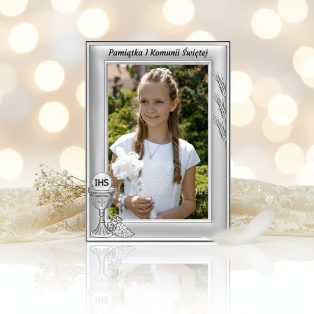 Ramka srebrna AG999 na Komunię – Hostia IHS 10×15 cm | SILVER COMMUNION™
