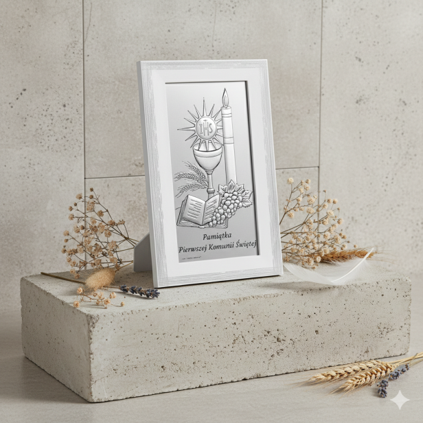 Obrazek srebrny na Komunię – Motyw Eucharystyczny IHS 9×15 cm | SILVER COMMUNIO™