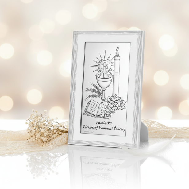 Obrazek srebrny na Komunię – Motyw Eucharystyczny IHS 9×15 cm | SILVER COMMUNIO™