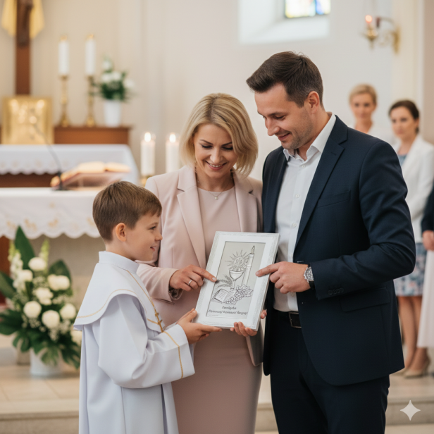 Obrazek srebrny na Komunię – Motyw Eucharystyczny IHS 9×15 cm | SILVER COMMUNIO™
