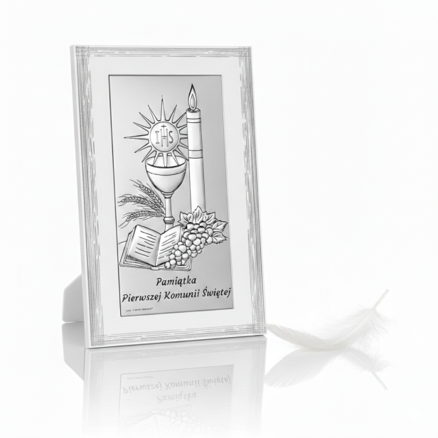 Obrazek srebrny na Komunię – Motyw Eucharystyczny IHS 9×15 cm | SILVER COMMUNIO™