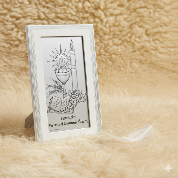 Obrazek srebrny na Komunię – Motyw Eucharystyczny IHS 9×15 cm | SILVER COMMUNIO™