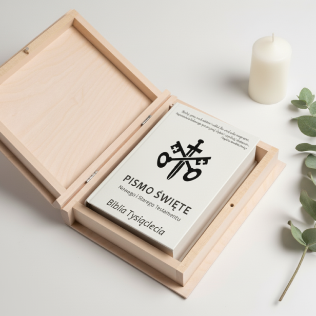pudełko drewniane - Biblia Tysiąclecia Pallottinum – Pismo Święte Starego i Nowego Testamentu z personalizowanym nadrukiem UV