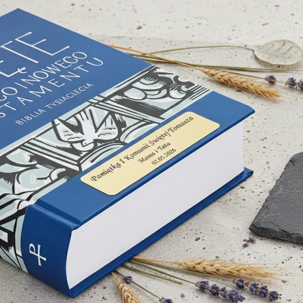 Biblia Tysiąclecia z dedykacją – makro złotej tabliczki