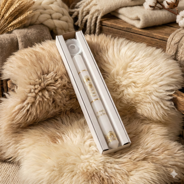 Świeca na Chrzest Święty z motywem chrztu, gromnica z okapnikiem jako pamiątka sakramentu