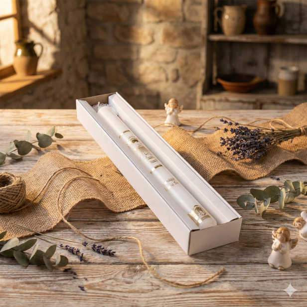 Świeca na Chrzest Święty z motywem chrztu, gromnica z okapnikiem jako pamiątka sakramentu