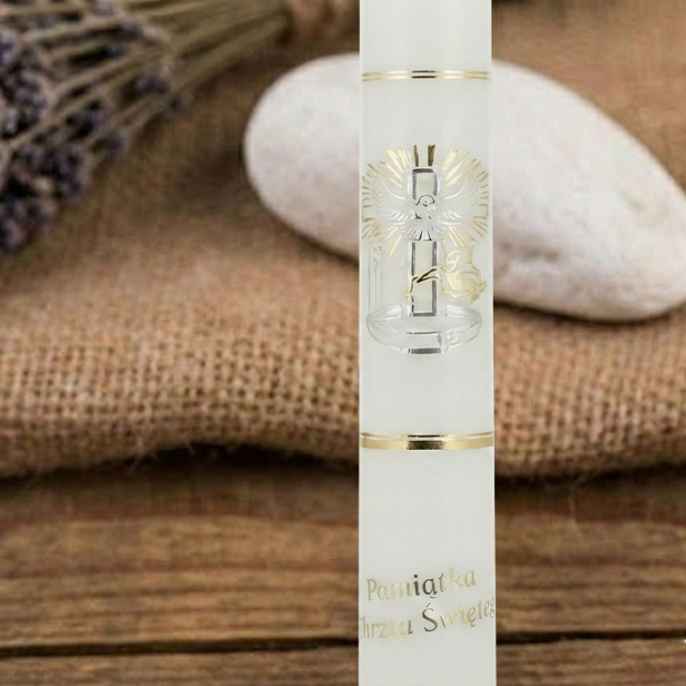 Świeca na Chrzest Święty z Motywem Chrzcielnym – Gromnica z Okapnikiem