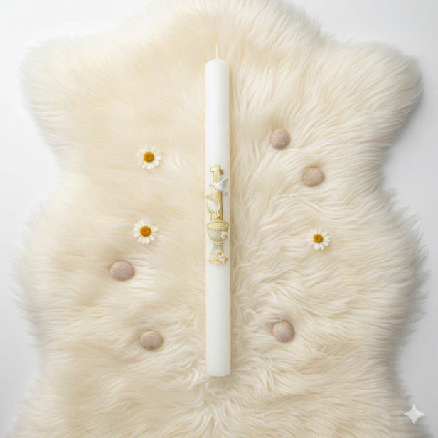 Świeca na Chrzest Święty z Chrzcielnicą – Gromnica PREMIUM