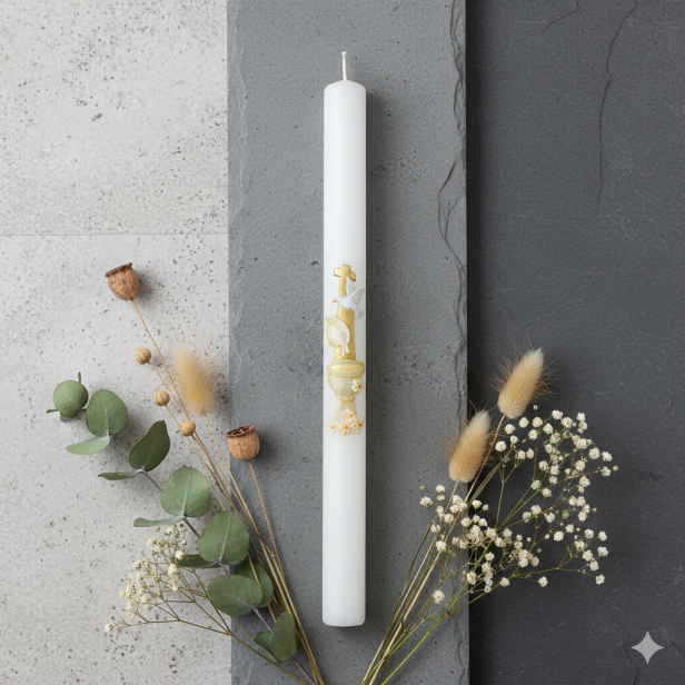 Świeca na Chrzest Święty z Chrzcielnicą – Gromnica PREMIUM