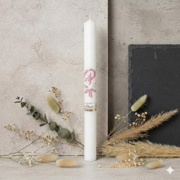 Świeca na Chrzest Święty z Gołębicą – Gromnica PREMIUM (motyw różowy)