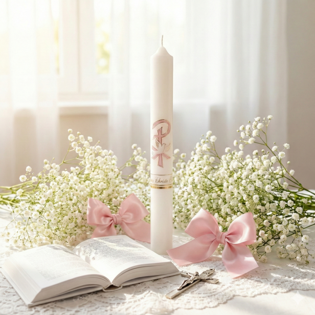 Świeca na Chrzest Święty z Gołębicą – Gromnica PREMIUM (motyw różowy)