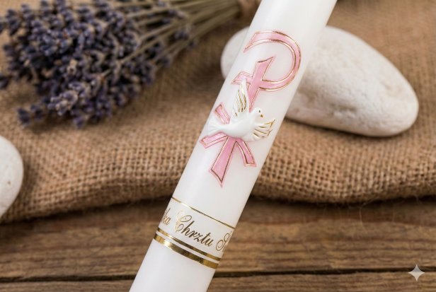 Świeca na Chrzest Święty z Gołębicą – Gromnica PREMIUM (motyw różowy)