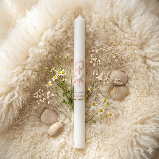 Świeca na Chrzest Święty z Gołębicą – Gromnica PREMIUM (motyw różowy)