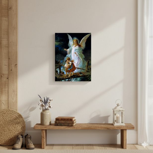Obraz Anioł Stróż z dziećmi na desce lipowej 15×20 – opieka i tradycja wiary | SACRA LIGNUM™