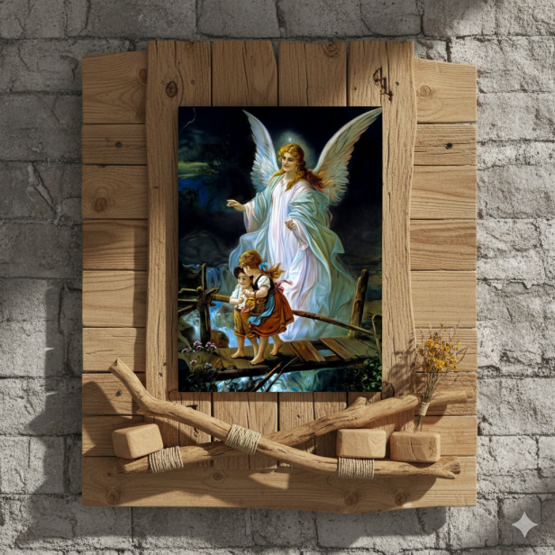 Obraz Anioł Stróż z dziećmi na desce lipowej 15×20 – opieka i tradycja wiary | SACRA LIGNUM™