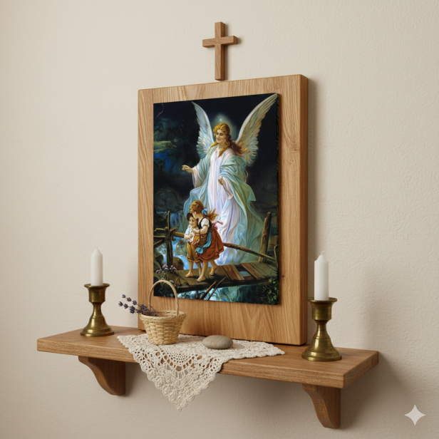 Obraz Anioł Stróż z dziećmi na desce lipowej 15×20 – opieka i tradycja wiary | SACRA LIGNUM™