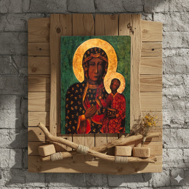 Obraz na desce lipowej – Matka Boża Częstochowska 15×20 – Królowa Polski | SACRA LIGNUM™