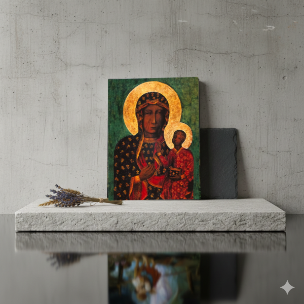 Obraz na desce lipowej – Matka Boża Częstochowska 15×20 – Królowa Polski | SACRA LIGNUM™