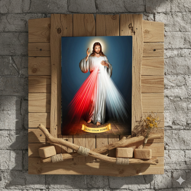 Obraz na desce lipowej – Jezu, Ufam Tobie 15×20 – znak Miłosierdzia Bożego | SACRA LIGNUM™