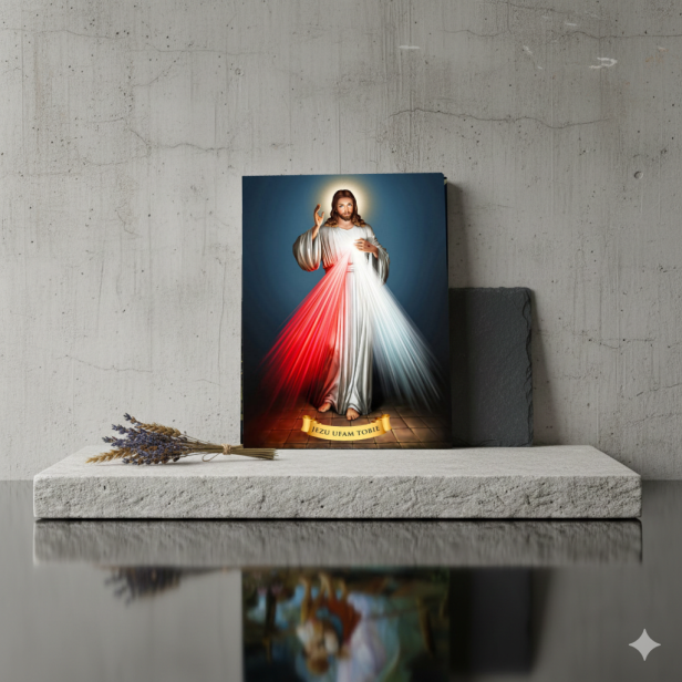 Obraz na desce lipowej – Jezu, Ufam Tobie 15×20 – znak Miłosierdzia Bożego | SACRA LIGNUM™