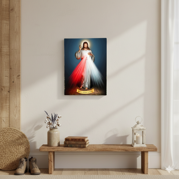 Obraz na desce lipowej – Jezu, Ufam Tobie 15×20 – znak Miłosierdzia Bożego | SACRA LIGNUM™