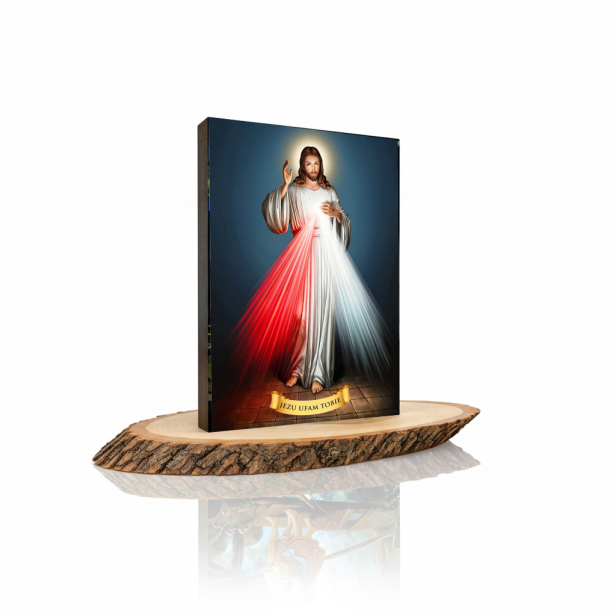 Obraz na desce lipowej – Jezu, Ufam Tobie 15×20 – znak Miłosierdzia Bożego | SACRA LIGNUM™