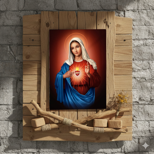 Obraz na desce lipowej – Serce Maryi 15×20 – miłość, czułość i zawierzenie | SACRA LIGNUM™