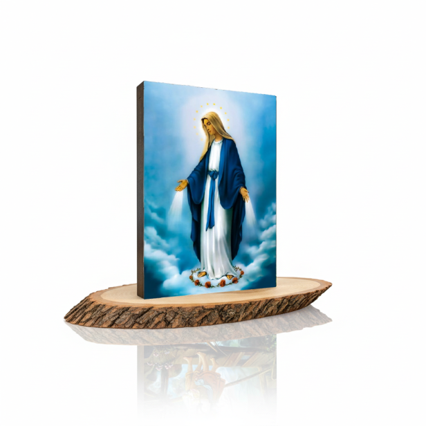 Obraz na desce lipowej 15×20 – Niepokalana „Czystość serca i opieka Matki” | SACRA LIGNUM™