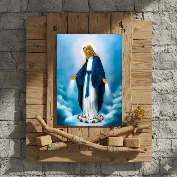 Obraz na desce lipowej 15×20 – Niepokalana „Czystość serca i opieka Matki” | SACRA LIGNUM™