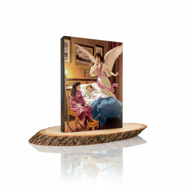 Obraz na desce lipowej 15×20 – Anioł Stróż „Anielska opieka” | SACRA LIGNUM™